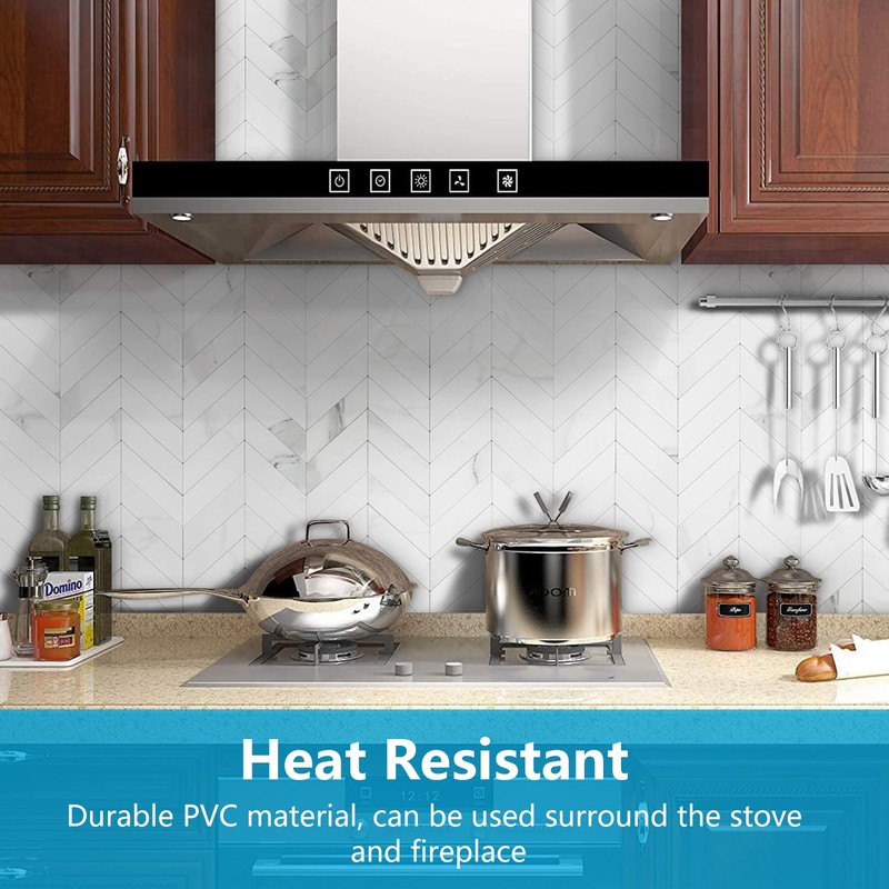 STICKGOO 10-Sheet Herringbone Tile Peel and Stick Backsplash, White Marble