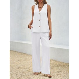Tankaneo Womens 2 Piece Linen Sets Summer Outfits Sleeveless V Neck Botton Down Tank Tops and Pants Matching Set, White, Large