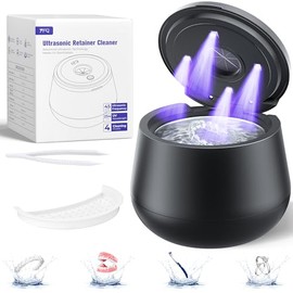 45kHz Ultrasonic Retainer Cleaner, 200ML Dental Cleaning Pod for Dentures, Mouth Guards, Braces, Aligner, Toothbrush Jewelry and More, UV Denture Cleaner with 4 Modes & Digital Timer