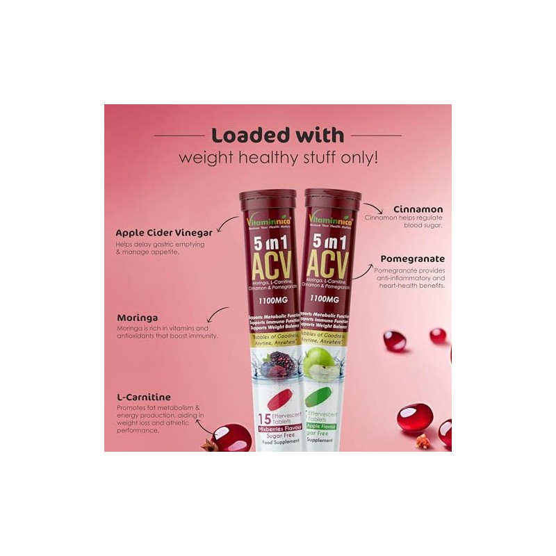 Vitaminnica ACV 5in1 Moringa Effervescent Tablets- 1100mg | Mixberries Flavor
