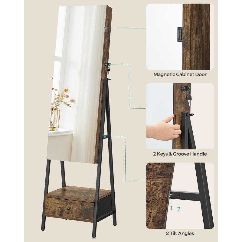 SONGMICS LED Cabinet Standing, Lockable Jewelry Armoire with Full-Length Mirror,