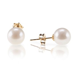 PAVOI 18K Yellow Gold Plated 925 Sterling Silver Round Stud White Simulated Shell Pearl Earrings - 6mm