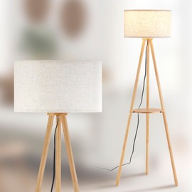 Baobab Tree Park Wood Tripod Floor Lamp with Shelves,Linen Shade Modern Mid Century Wooden Standing Floor lamp for Living Room,with Three Color temparature Bulb Included,ETL Listed/Natural Wood Color