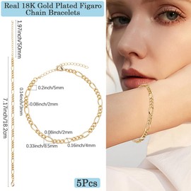 Beebeecraft 1 Box 5Pcs Figaro Chain Bracelet 18K Gold Plated 18.4cm Mens Curb Chain Bracelets Curb Cuban Link Chains Bracelet
