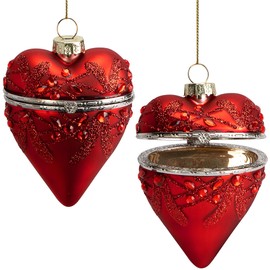 Watayo 2 Pcs Valentine's Day Glass Heart Hanging Box, 4" x 2.6" Glitter Red Heart Shaped Hanging Box, Glass Heart Box Tree Decoration for Valentines Wedding Gifting Party Decor