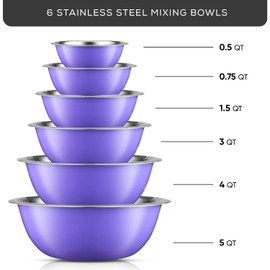 JoyJolt Stainless Steel Mixing Bowl Set of 6 Mixing Bowls (Veri Peri). 5qt Large Mixing Bowl to 0.5qt Small Metal Bowl. Kitchen, Cooking and Storage Nesting Bowls. Dough, Batter and Baking Bowls