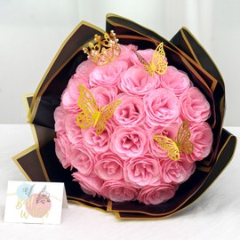Dremisland Glitter Roses Bouquet 26 Pack DIY Glitter Flowers with Crown Butterfly Shiny Artificial Pink Rose Birthday Gifts for Women, Mothers Day Flowers Anniversary Valentines Day Wedding Gifts