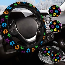 Paw Print Steering Wheel Cover Anti-Slip and Practical 14.5-15 Inch Universal Car Steering Wheel Cover with 2 Pieces Car Coasters Suitable for Men Women