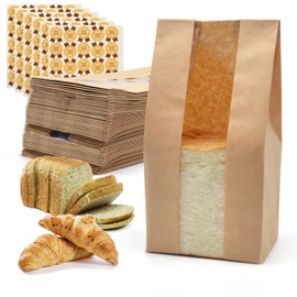 Yenmoz 150 PACK Large Paper Bread Bags, Paper Bakery Bags Kraft Paper Bread Loaf Bags with Transparent Window Including Label Seal Sticker for Homemade Bread (11.81x4.72x3.54 Inch)