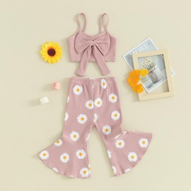 Toddler Baby Girl Summer Clothes Spaghetti Strap Tank Top Daisy Bell-Bottoms Pants Little Girl Outfits Set (Pink Daisy, 18-24 Months)