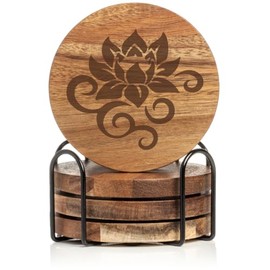 Set of 4 Drink Coasters with Holder Gift Lotus Flower Scroll (Acacia Wood)