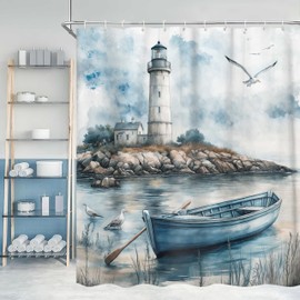 Dizifinn Nautical Coastal Beach Shower Curtain Decor, Ocean Lighthouse Seasides Sailboat Coastal Blue Shower Curtains for Bathroom, with Hook 72X72IN
