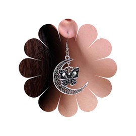 TseenYi Punk Earring with Moon Skull and Butterfly, Dangle Earring, Black Skull Butterfly, Drop Earring, Vintage Filigree Moon Earring, Large Hollow Crescent Moon Earring