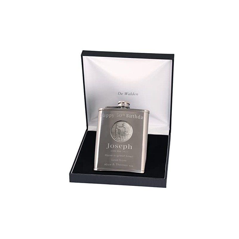 50th Birthday Engraved Hip Flask Fly Fishing Feature in Gift