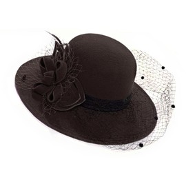 Caprilite Large Brim Felt Fedora Formal Hat Wool Mix Occasion Birdcage Veil Netting Hatinator Fascinator (Wool Blend, Coffee Brown)