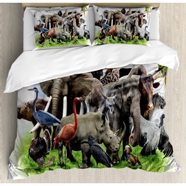 Ambesonne Africa Duvet Cover Set, Digital Collage of Wild Animals with Safari Animals Zoo Theme Print Artwork, Decorative 3 Piece Bedding Set with 2 Pillow Shams, Queen Size, White Grey