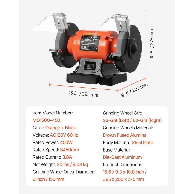 VEVOR Bench Grinder, 6-in Single Speed, 3450RPM High-Speed Table Grinders