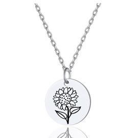 Silver Sunflower Disc Necklaces for Women Floral Stamped Round Pendant 925 Sterling Silver Dainty Coin Medal Jewelry Gifts for friend Mom