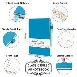feela 24 Pack Journal Notebook Bulk for Work, Business Notebook Hardcover Lined Writing Journal with Pen Holder for Men Women Note Taking, with 24 Black Pens, 120 GSM, 5.1”x8.3”, A5, Teal