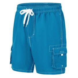 YSENTO Men's Swim Shorts Plus Size Quick Dry Active Surf Bathing Suits Borad Cargo Shorts with Mesh Lining Peacock Blue M