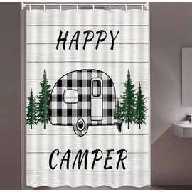 MERCHR Happy Camper RV Shower Curtain, Buffalo Plaid Check Trailer with Trees On Farmhouse Rustic Gray Wooden Fabric Shower Curtain Accessories for Travel Trailers Bathroom Decor, 48 x 72 Inches