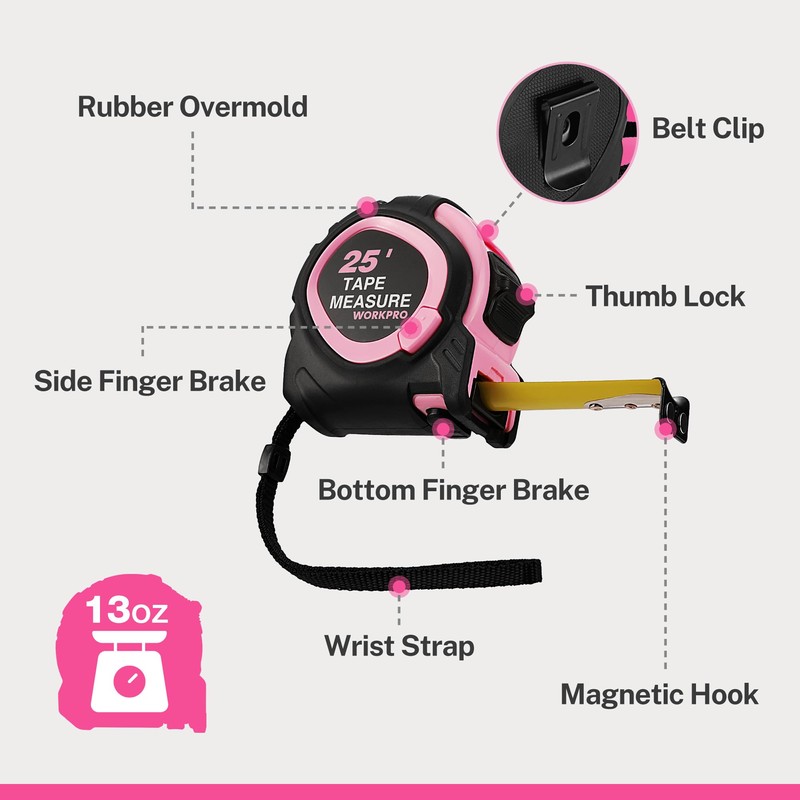 WORKPRO 25-FT Tape Measure with Fractions, 3 Brakes Retractable Measuring