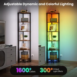 MonaSixy 6 Tier Corner Shelf with Light, Music Synic 60000 DIY LED Color Smart Remote Tall Display Shelves Corner Shelf Stand Bookshelf Wood Rack Metal Frame for Living Game Room Bedroom, Rustic Brown