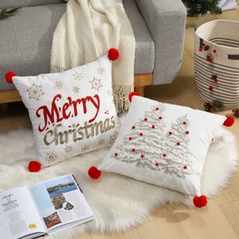 Lewondr Christmas Throw Pillow Covers, 2 Pack Christmas Letter Snowflake Christmas Tree Embroidery 18x18 Pillowcases Home Xmas Decorative Soft Cushion Covers for Sofa Bed Chair