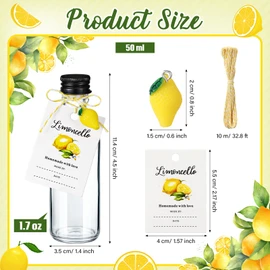 LemonRoad 24 Sets 1.7 oz Limoncello Glass Bottles, Empty Small Clear Liquor Bottles with Tags, Mini Resin Lemon Charms, Rope for Homemade Limoncello Brewing Beverages Gifts(Black,Classic Style)