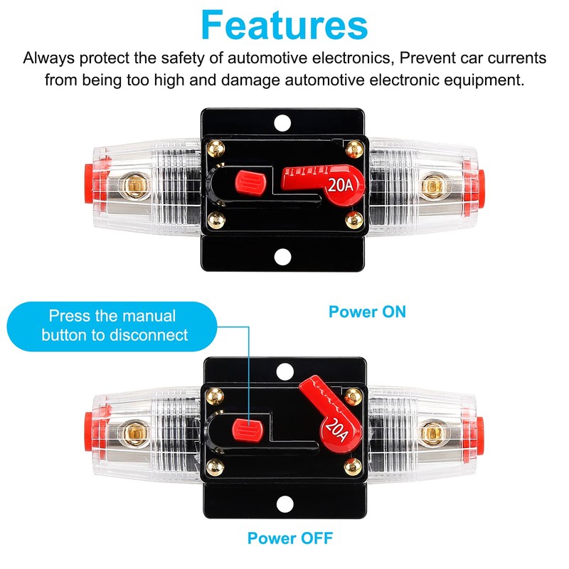 20 Amp Audio Circuit Breaker,12V-24V DC Fuse Holder,20-300A Breaker Switch,Inline