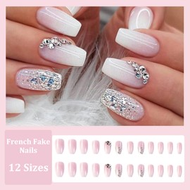 Ceboic Pack of 24 Coffin Nails for Gluing, Medium, French Press On Nails, Pink Gradient Artificial Nails, Nude Artificial Nails with Glitter Rhinestones, Square Acrylic Fingernails for Sticking on for
