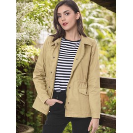 Allegra K Women's Utility Jackets Drawstring Waist Flap Pockets Lightweight Jacket Large Camel