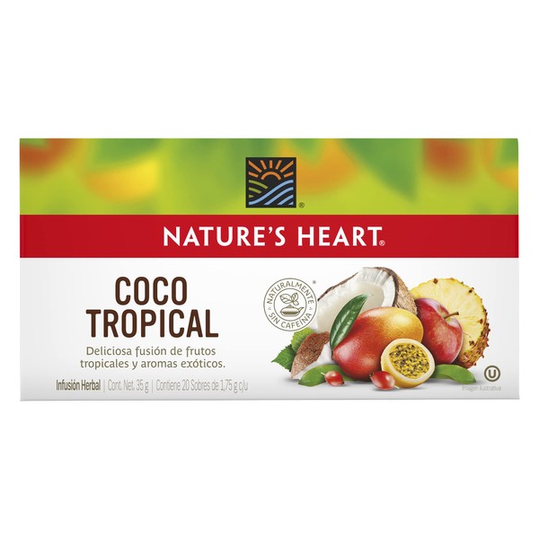 Nature's Heart Té de Coco Tropical, Naturalmente sin Cafeína, 35 g, 20 Sobres