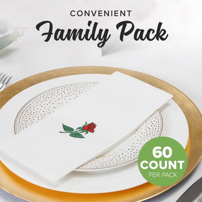 SimuLinen Single Rose Dinner Napkins - Cloth-Like Linen Feel Disposable,