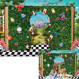 Wonderland Decoration Backdrop for Photograpy Fairy Tale Castle Tea Party Green Leaves Background 7×5ft Wonderland 1st Birthday Photo Backdrop Banner