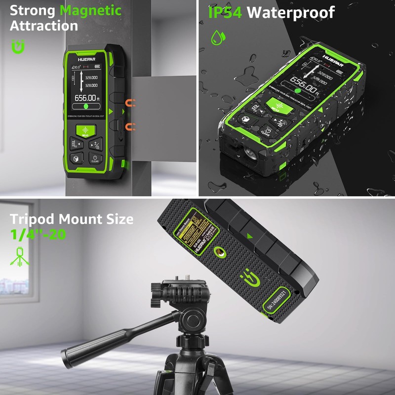 Huepar Dual Laser Measuring Tool, 656Ft Green-Beam Bilateral Digital Laser