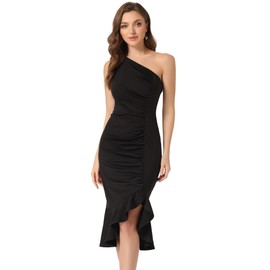 Allegra K Women's One Shoulder Dress Sleeveless Ruched Party Fishtail Midi Dresses X-Small Black