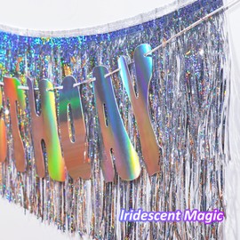 Happy Birthday Banner & Tinsel Fringe Set - DIY Iridescent Letters & 2M Silver Fringe Curtain - Party Wall Decor for Kids Adults (Rainbow Holographic)