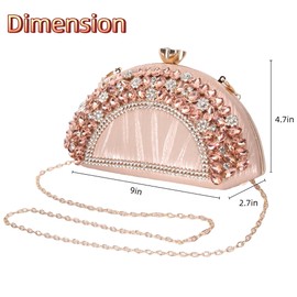 Rhinestone Clutch Evening Purses for Women Fan-shaped Crystal Diamond Wedding Handbag Crossbody Bag for dance Prom Party, Pink