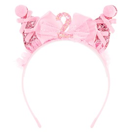 SuPoo 2nd Birthday Headbands Bow 2nd Birthday Decorations for Girl Cat Ear Princess Tiara Pompom Ball Girl Crown Glitter Hair Band for Party 2 Year Old Outfit