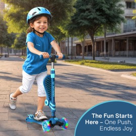 Blue 3 Wheel Scooter with Seat for Kids – Light-Up LED Wheels, Adjustable Handlebar and Seat, Smooth PU Wheels, Wide Anti-Slip Deck, Rear Foot Brake – Toddler Outdoor Toys for Ages 2+