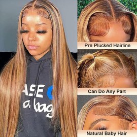 AUOU Highlight Ombre 13x6 Lace Front Wigs Human Hair 4/27 Straight Honey Blonde Human Hair Wig for Women Glueless HD Transparent Lace Frontal Wigs Pre Plucked 200 Density 24 Inch