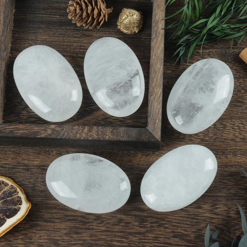 Lovionus89 White Crystal Worry Stones, Natural Oval Palm Tree Bag,