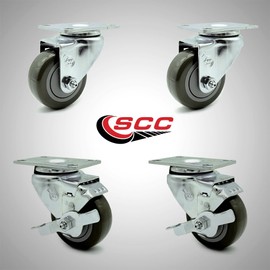 Stainless Steel Polyurethane Swivel Top Plate Caster Set of 4 w/3" x 1.25" Gray Wheels - Includes 2 Swivel with Top Locking Brakes & 2 Swivel - 1200 lbs Total Capacity - Service Caster Brand