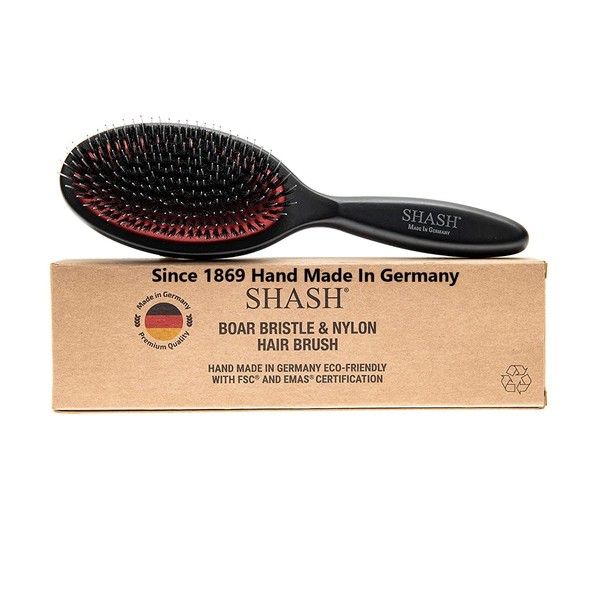 Since 1869 Hand Made In Germany - Nylon Boar Bristle Brush Suitable For Normal to Thick Hair - Gently Detangles, No Pulling or Split Ends - Softens and Improves Texture, Stimulates Scalp (Medium)