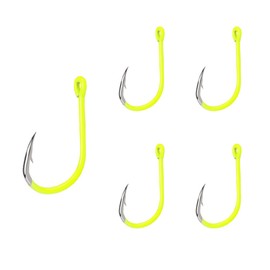 FONGKNOX Isema Fishing Hook with Ring Fluorescence Coated Eyed Fishing Hook High Carton Steel Durable Sharpness Barbed 5H Hardness Bend Freshwater Saltwater Sea Fishing Trackle Size 5# Pack of 50