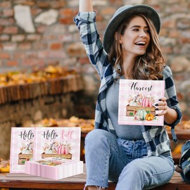 Fall Napkins 40pcs Pink White Checkered Plaid Fall Pumpkin Napkins,Hello Pumpkin Autumn Decor for Girl Fall Thanksgiving Decorations