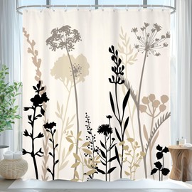 Omifly Beige Cream Floral Shower Curtain 72Wx84H Inch Taupe Brown Silhouette Wildflower Rustic Boho Plant Botanical Vintage Abstract with 12 Plastic Hooks Fabric Waterproof Toilet Accessories Decor