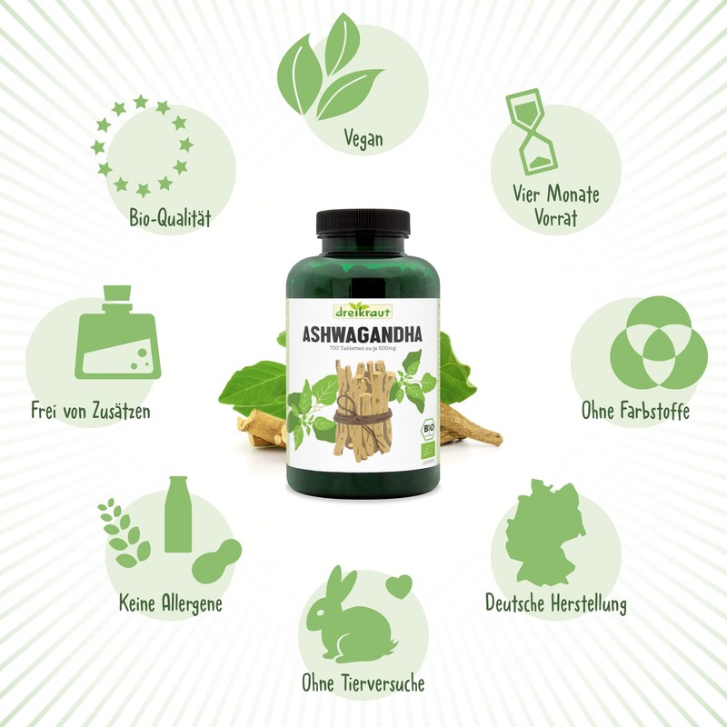 Organic Ashwaganda by Dreikraut, 700 pellets tablets, free from additives