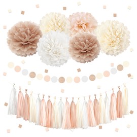 NICROHOME 28PCS Neutral Creamy White Tissue Paper Pom Poms Tassel Decorations Packages for Boho Bridal Shower, Rustic Wedding, Baby Shower, Christening, Birthday Party Table Decorations